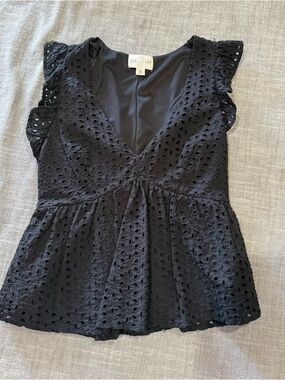 Black Eyelet V-Neck Peplum Blouse by Jun & Ivy